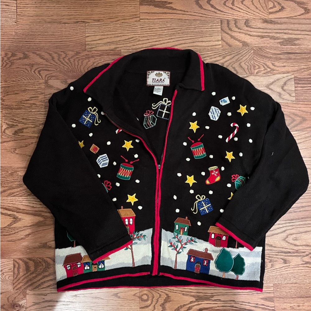Vintage Christmas Tiara Black Cardigan with Colorful Christmas Embroidery
